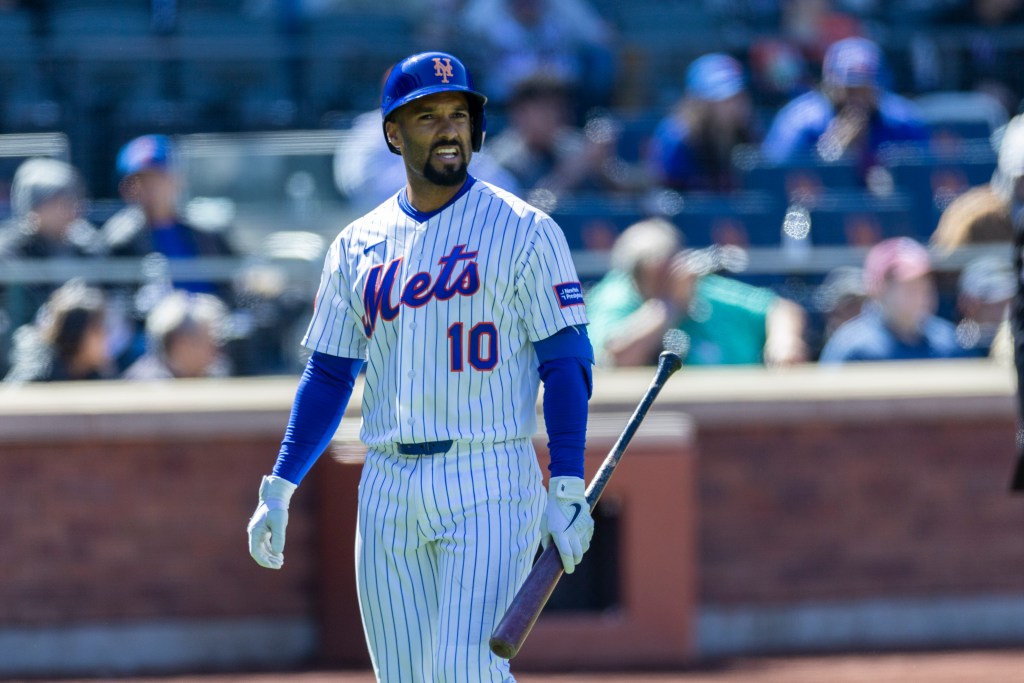 Marcus Semien (10) reacts after striking out swinging during the fourth inning at Citi Field, Sunday, March 29, 2026, in Queens, NY. 