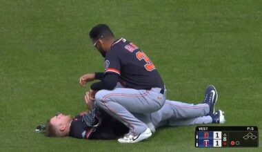 Tigers stars Riley Greene and Parker Meadows (laying down) collided in the outfield