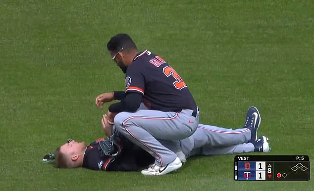 Tigers stars Riley Greene and Parker Meadows (laying down) collided in the outfield