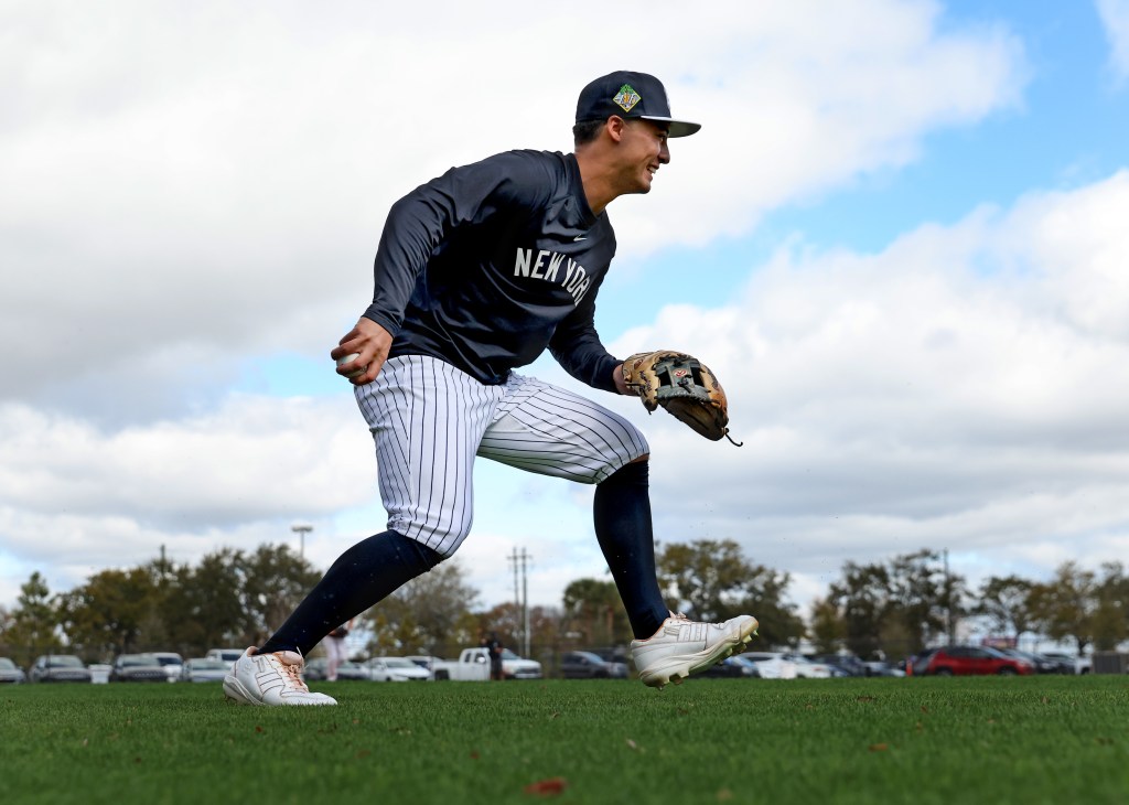 New York Yankees shortstop Anthony Volpe #11, fielding a ball during todays workout at Steinbrenner Field, the Yankees Spring Training home in Tampa, Florida.
