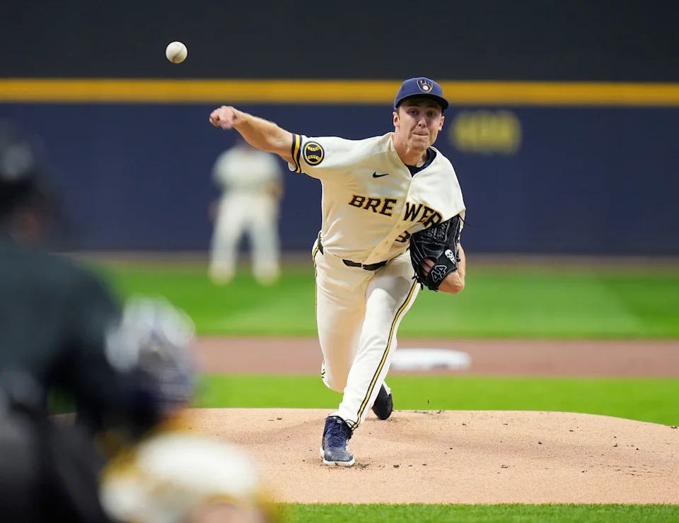 Milwaukee Brewers starting pitcher Jacob Misiorowski pitches during the first inning of the Opening Day game against the Chicago White Sox on March 26, 2026 at American Family Field in Milwaukee.
