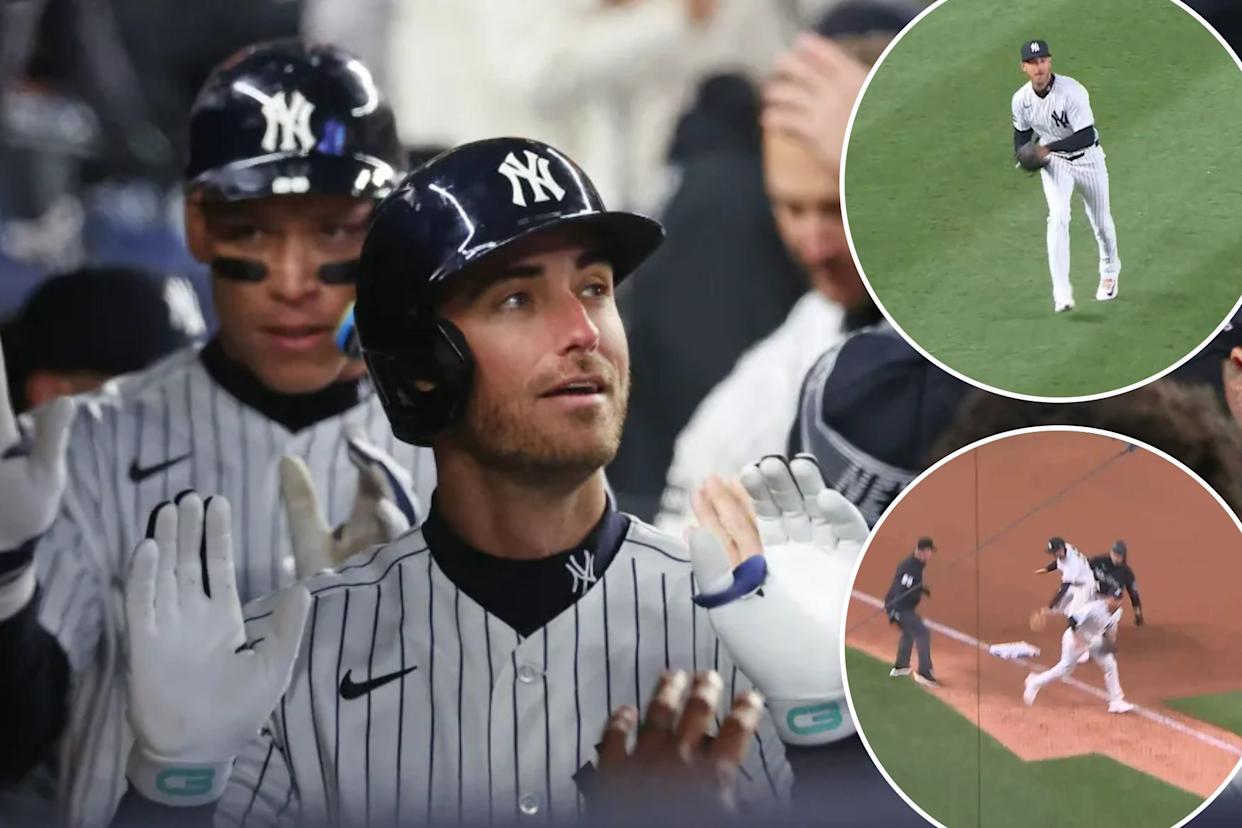 An image collage containing 3 images, Image 1 shows Yankees left fielder Cody Bellinger (35) is greeted by his teammates in the dugout after he scores on his two-run homer during the 5th inning when the New York Yankees played the Miami Marlins Saturday, April 4, 2026, Image 2 shows Cody Bellinger is pictured during the Yankees' game April 4, Image 3 shows The Yankees committed a brutal error during their game against the Marlins on April 4