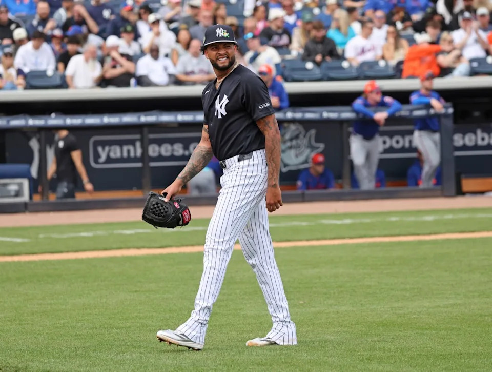Yankees pitcher Luis Gil walks off the mound after being removed from a spring training game in the third inning. Charles Wenzelberg / New York Post