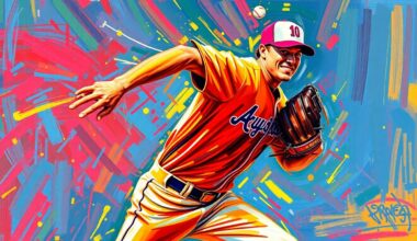 An abstract, energetic painting featuring bold, neon-colored brushstrokes that capture the dynamic motion and intensity of a baseball pitcher in action.