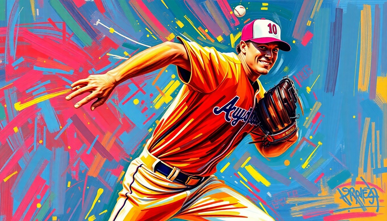 An abstract, energetic painting featuring bold, neon-colored brushstrokes that capture the dynamic motion and intensity of a baseball pitcher in action.