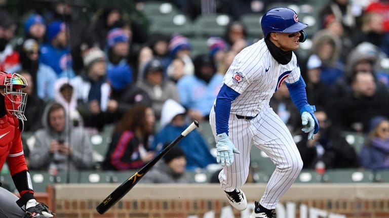 Chicago Cubs' Matt Shaw watches his RBI single during the...