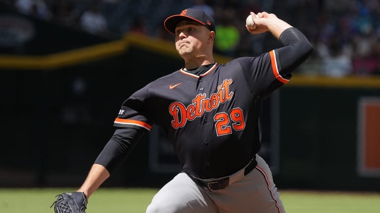 Detroit Tigers pitcher Tarik Skubal throws against the Arizona Diamondbacks...