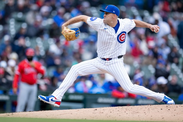 Chicago Cubs pitcher Matthew Boyd throws a pitch during the sixth inning of a game against the Los Angeles Angels at Wrigley Field in Chicago on Wednesday, April 1, 2026. (Josh Boland/Chicago Tribune)
