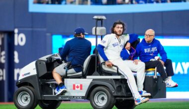 TORONTO, CANADA - MARCH 30: Cody Ponce #66 of the Toronto Blue Jays is carted off the field following an injury against the Colorado Rockies during the third inning in their MLB game at Rogers Centre on March 30, 2026 in Toronto, Ontario, Canada. (Photo by Mark Blinch/Getty Images)