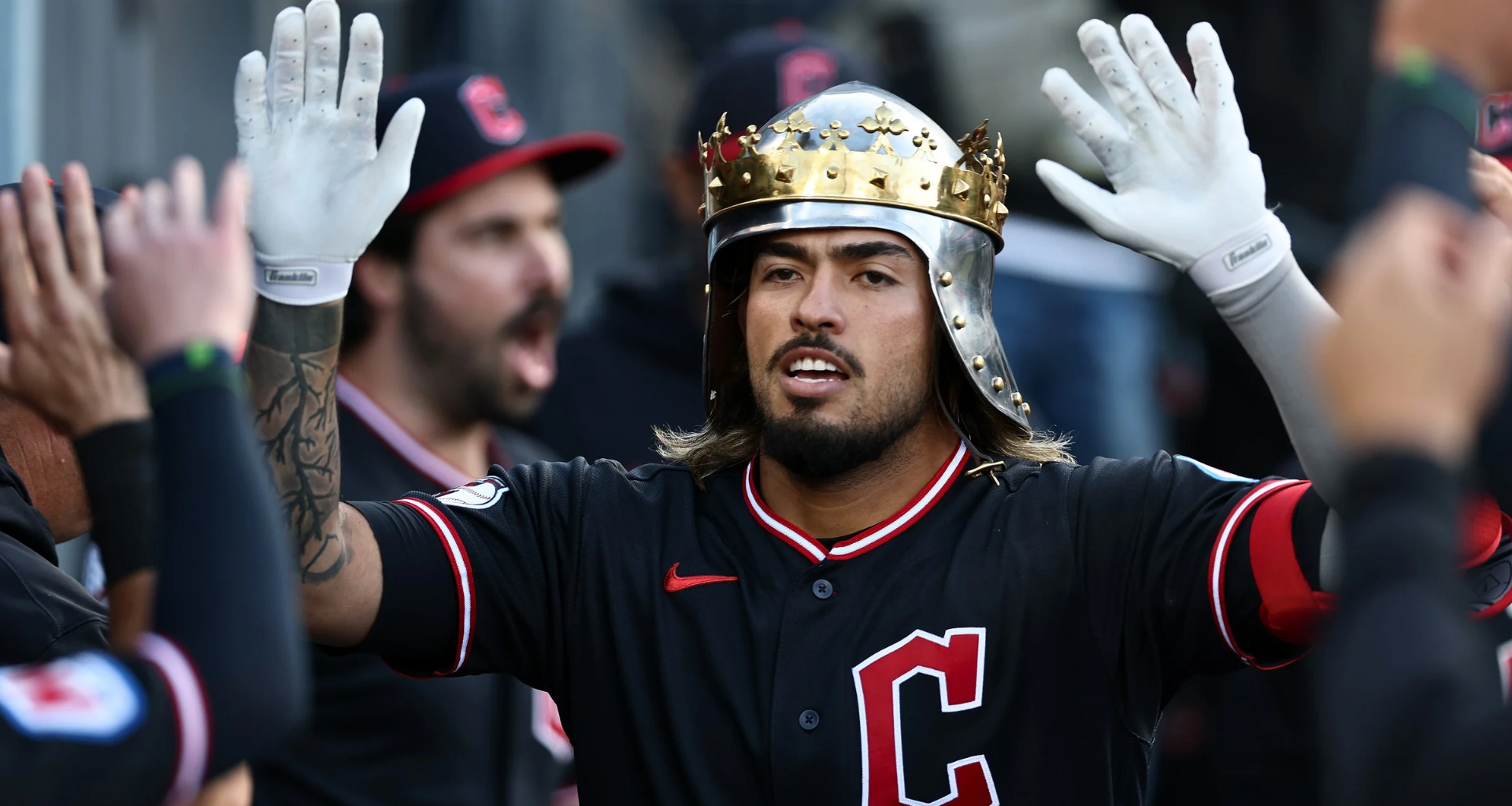 Gabriel Arias celebrates home run with Guardians knight helmet vs Dodgers