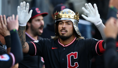Gabriel Arias celebrates home run with Guardians knight helmet vs Dodgers