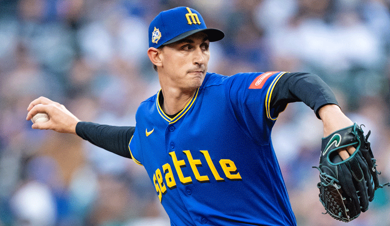 George Kirby (68) delivers a pitch during the first inning against the Cleveland Guardians at T-Mobile Park.