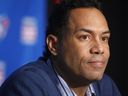 Roberto Alomar talks to during a press in 2010 after being elected into the Baseball Hall of Fame.