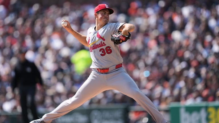St. Louis Cardinals pitcher Michael McGreevy throws against the Detroit...