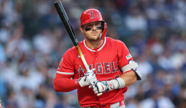 CHICAGO, ILLINOIS - MARCH 30: Mike Trout #27 of the Los Angeles Angels at bat against the Chicago Cubs at Wrigley Field on March 30, 2026 in Chicago, Illinois. (Photo by Michael Reaves/Getty Images)