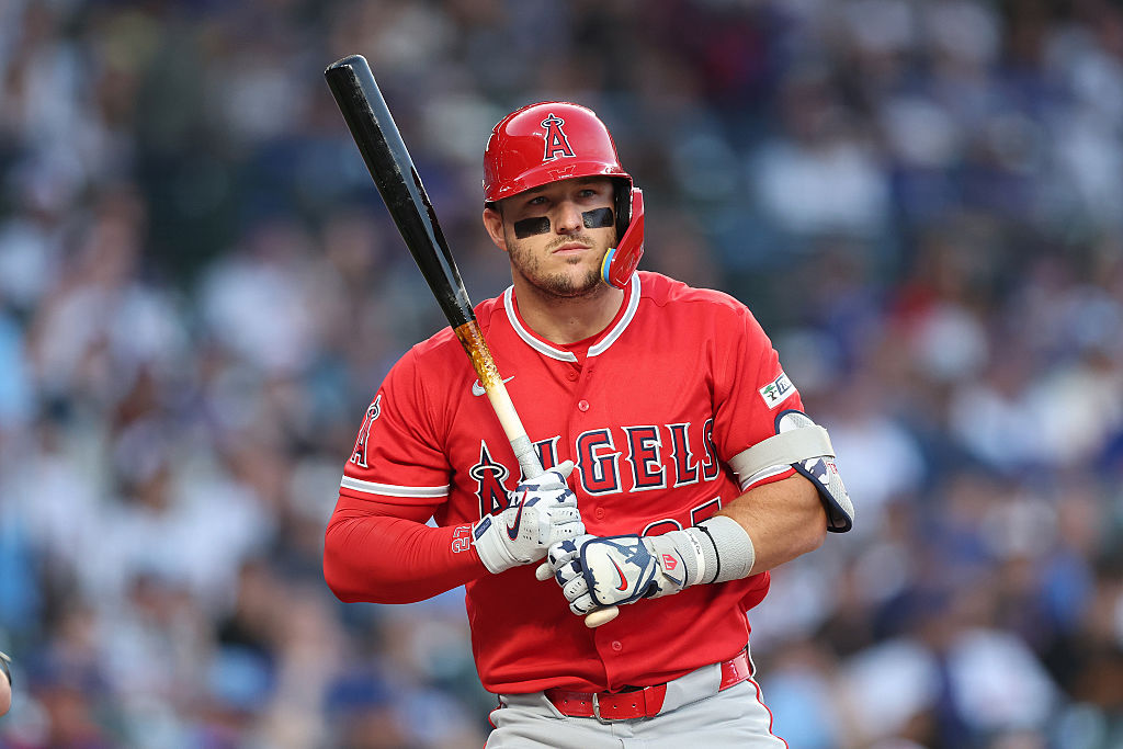 CHICAGO, ILLINOIS - MARCH 30: Mike Trout #27 of the Los Angeles Angels at bat against the Chicago Cubs at Wrigley Field on March 30, 2026 in Chicago, Illinois. (Photo by Michael Reaves/Getty Images)