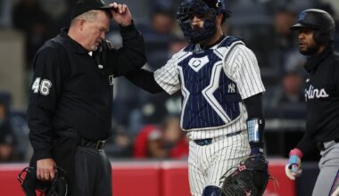 Plate umpire Ron Kulpa leaves Marlins-Yankees game after taking foul ball off mask