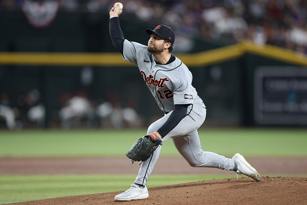 PHOENIX, ARIZONA - MARCH 31: Starting pitcher Casey Mize #12 of the Detroit Tigers pitches against the Arizona Diamondbacks during the first inning of the MLB game at Chase Field on March 31, 2026 in Phoenix, Arizona. (Photo by Christian Petersen/Getty Images)