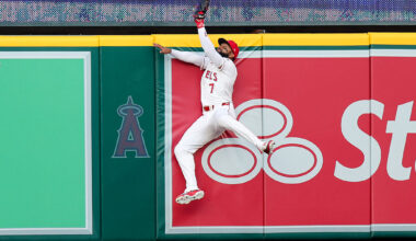 ANAHEIM, CALIFORNIA - APRIL 04: Jo Adell #7 of the Los Angeles Angels catches a fly ball hit by Cal Raleigh #29 of the Seattle Mariners during the first inning of the baseball game at Angel Stadium of Anaheim on April 04, 2026 in Anaheim, California. (Photo by Ryan Sirius Sun/Getty Images)