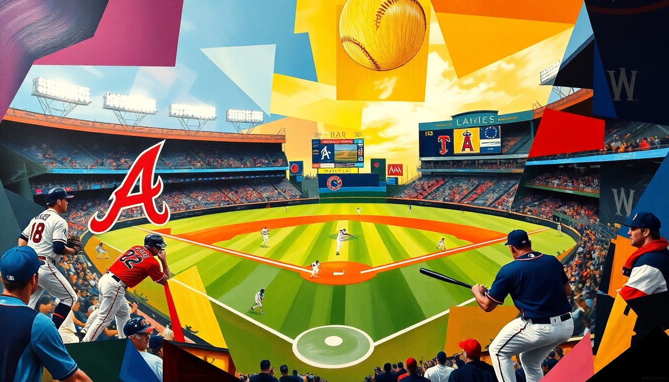 A cubist-style painting depicting a baseball game between the Atlanta Braves and Los Angeles Angels, with the players and action broken down into sharp, overlapping geometric shapes and planes in a vibrant color palette of navy, red, and gold.