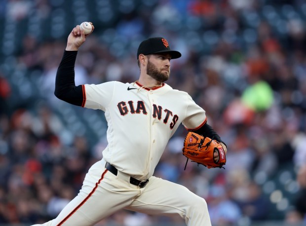 San Francisco Giants starting pitcher Adrian Houser #12 throws against the Philadelphia Phillies in the first inning of their MLB game at Oracle Park in San Francisco, Calif., on Monday, April 6, 2026. (Jane Tyska/Bay Area News Group)