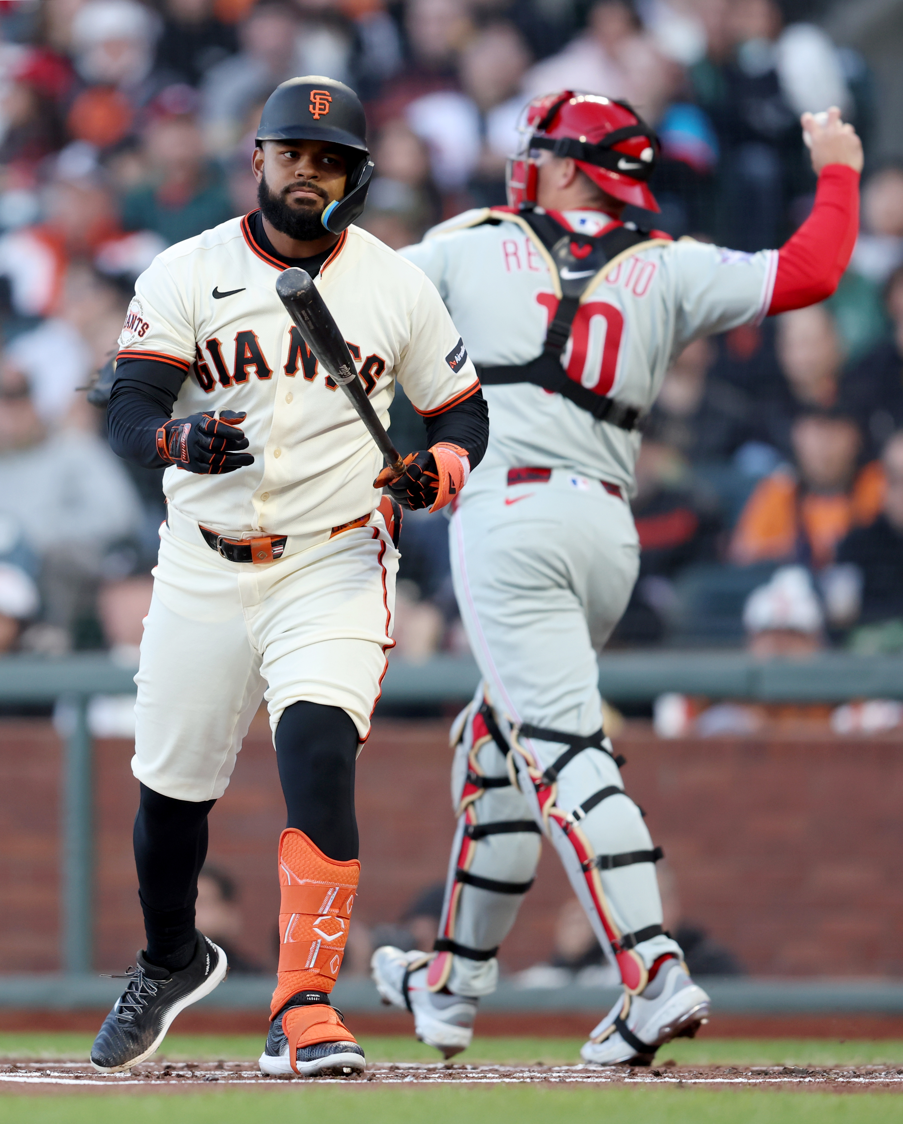 San Francisco Giants’ Heliot Ramos #17 reacts after striking out...