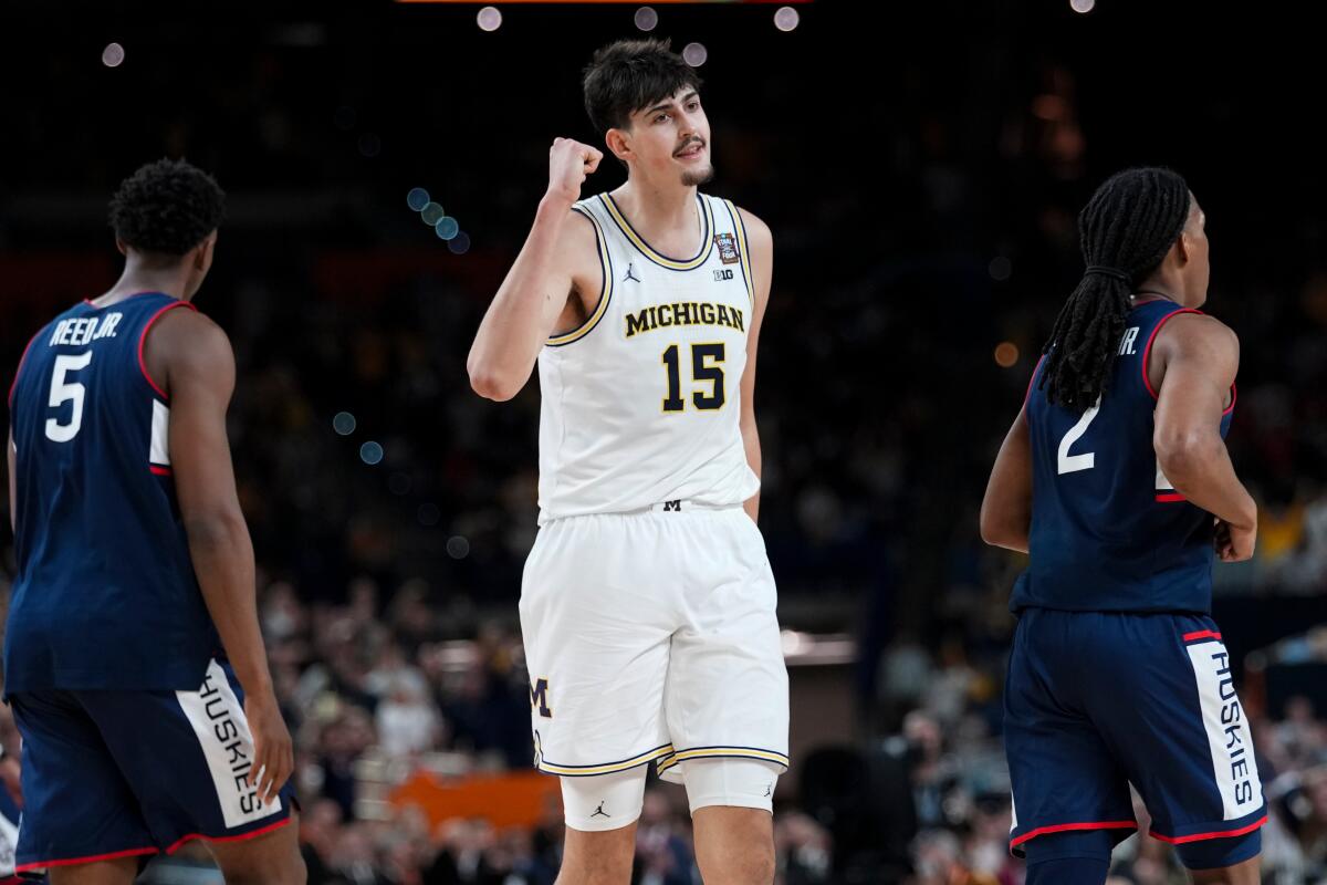 Michigan center Aday Mara celebrates during the Wolverines' NCAA men's basketball championship win.