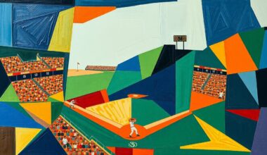 A cubist, geometric painting depicting a baseball game, with sharp, overlapping planes of navy, green, and orange conveying the dynamic energy of the sport.