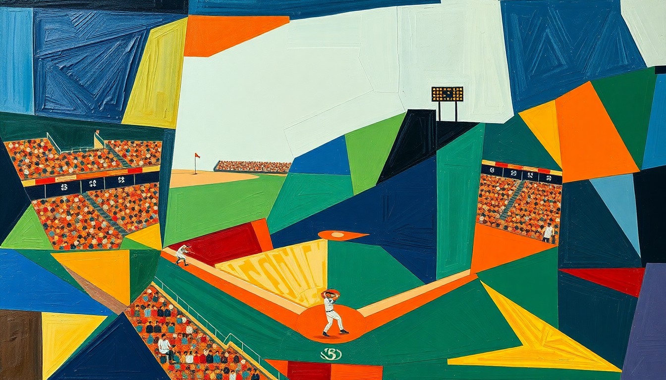 A cubist, geometric painting depicting a baseball game, with sharp, overlapping planes of navy, green, and orange conveying the dynamic energy of the sport.