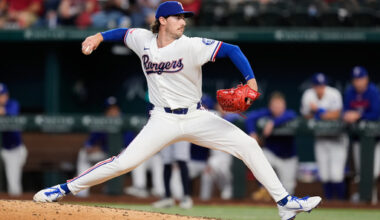 Texas Rangers pitcher Cole Winn throws to the Seattle Mariners in the ninth inning of a baseball game Wednesday, April 8, 2026, in Arlington, Texas. (AP Photo/Tony Gutierrez)