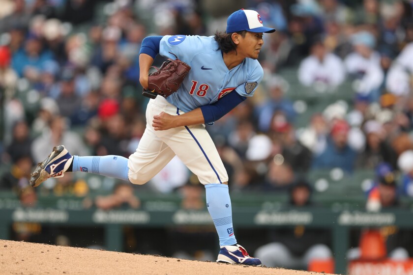 Cubs starter Shota Imanaga delivers a pitch against the Pittsburgh Pirates during the sixth inning at Wrigley Field on April 10, 2026.