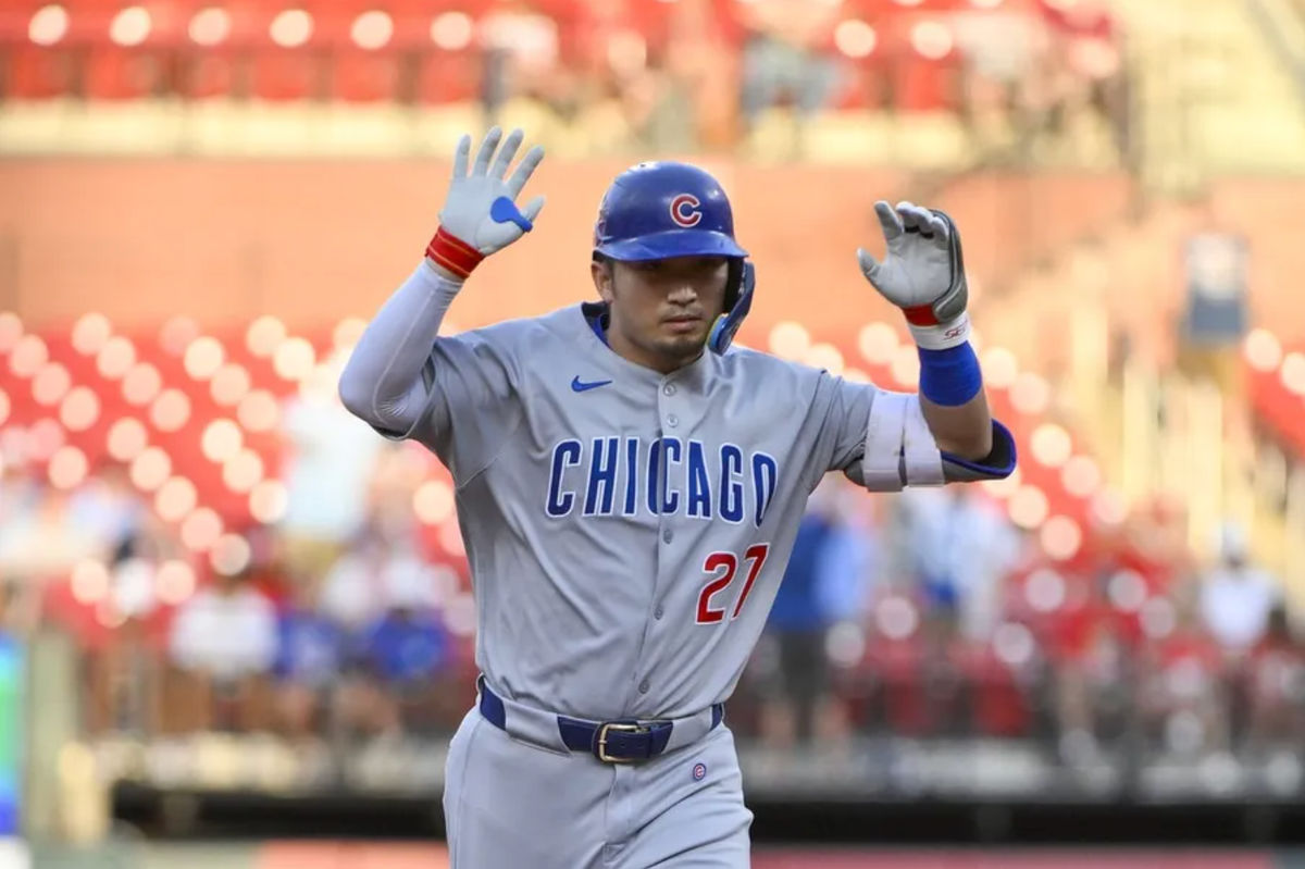 Jun 24, 2025; St. Louis, Missouri, USA; Chicago Cubs left fielder Seiya Suzuki (27) reacts as he runs the bases after hitting a three run home run against the St. Louis Cardinals during the third inning at Busch Stadium. Mandatory Credit: Jeff Curry-Imagn Images