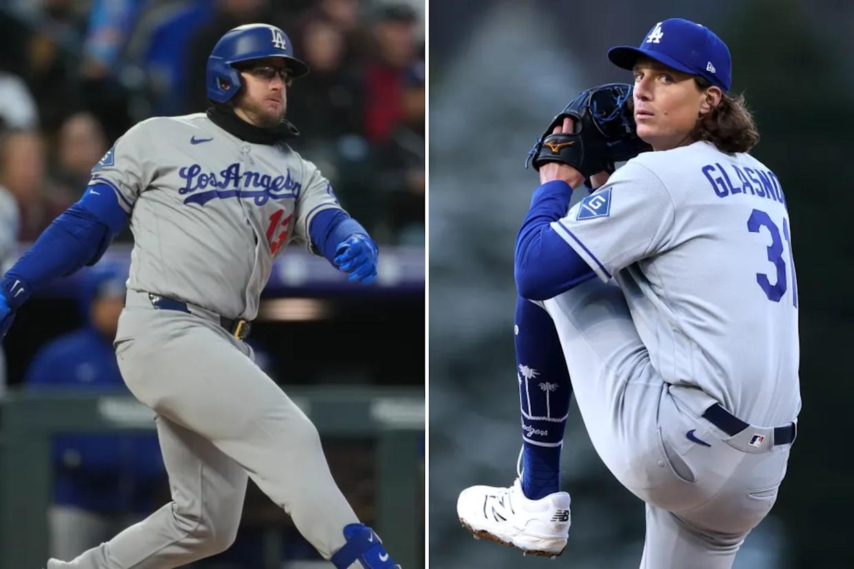 An image collage containing 2 images, Image 1 shows Max Muncy after hitting an RBI double, Image 2 shows Los Angeles Dodgers pitcher Tyler Glasnow in his wind-up