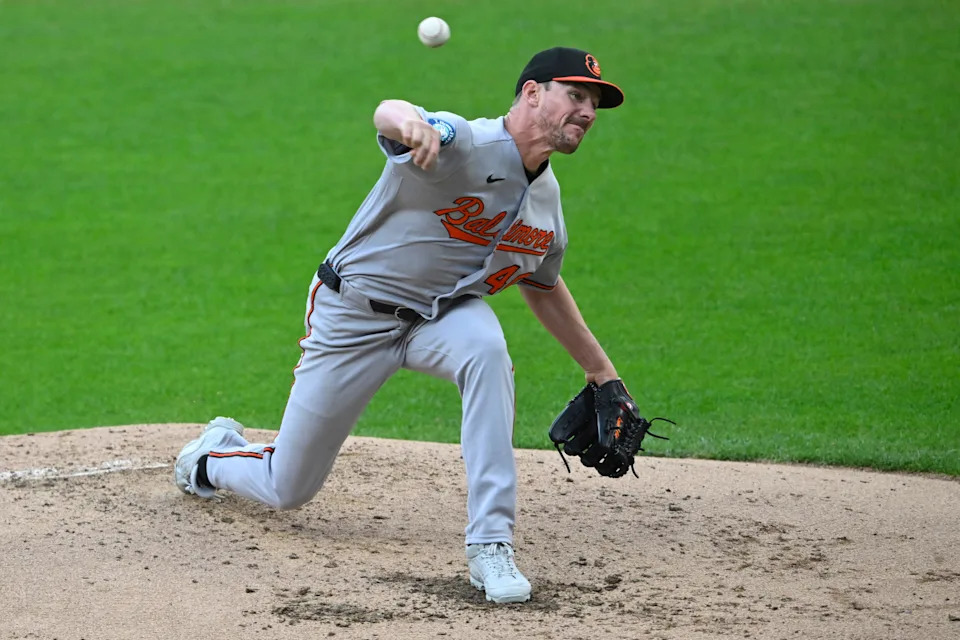Baltimore Orioles starting pitcher Chris Bassitt delivers a first-inning pitch against the Guardians, April 17, 2026, in Cleveland.