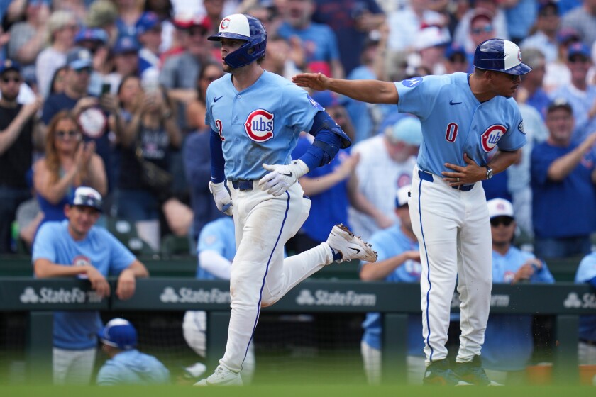 The Cubs' Nico Hoerner runs the bases after hitting a two-run home run during the second inning against the New York Mets on Friday, April 17, 2026, at Wrigley Field. 