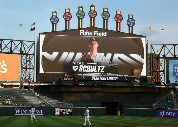 An image of White Sox starting pitcher Noah Schultz is shown on the video board before his major-league debut against the Rays on April 14, 2026, at Rate Field. (Chris Sweda/Chicago Tribune)