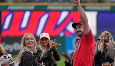 Guardians catcher Austin Hedges gets engaged on the field following game