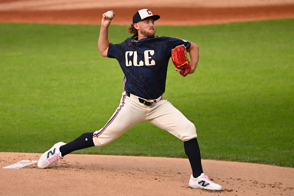 Guardians starting pitcher Tanner Bibee throws a first-inning pitch against the Baltimore Orioles, April 17, 2026, in Cleveland.