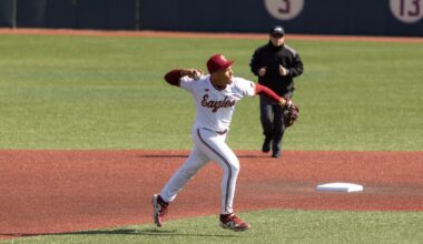 Luke Gallo throwing the ball to second base against Maine