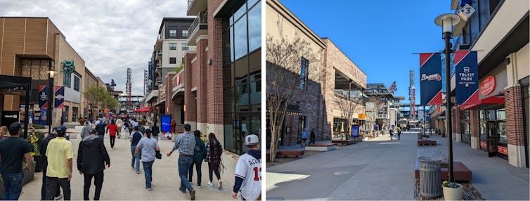 side-by-side photos of The Battery during the off season and on game day