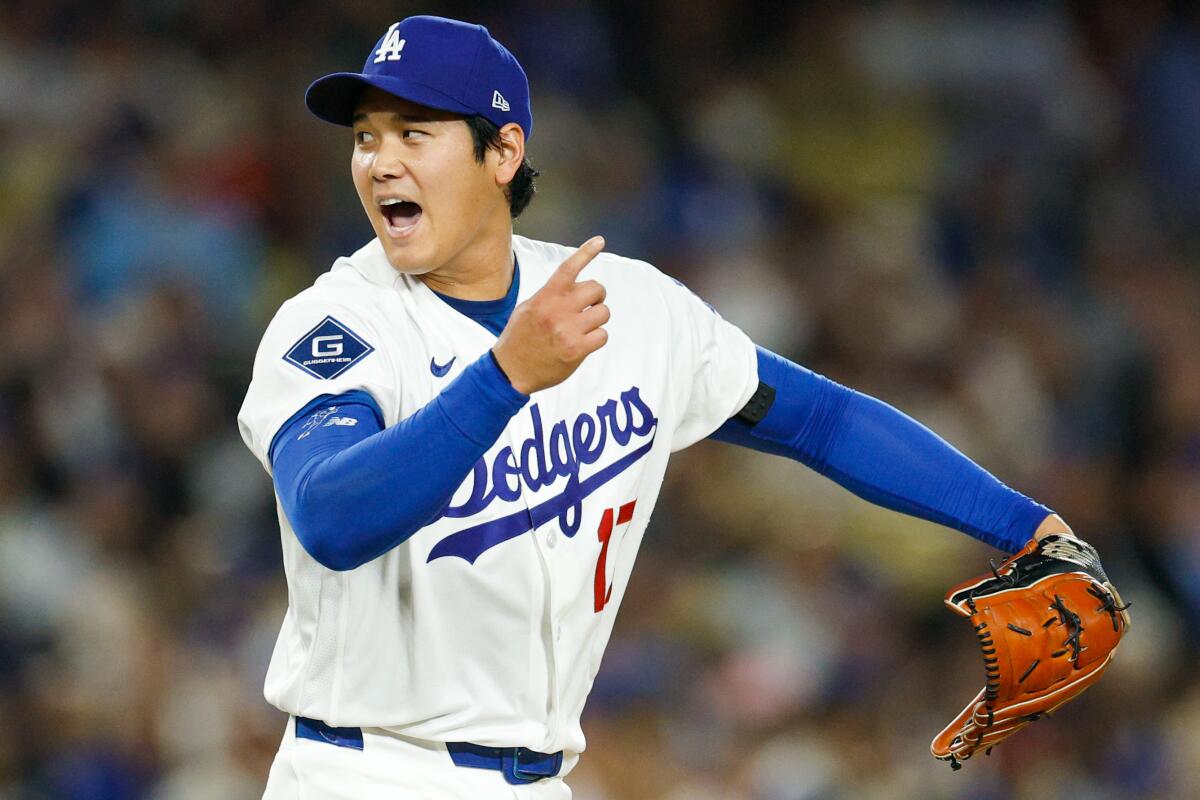 Shohei Ohtani reacts after striking out Marlins designated hitter Agustin Ramirez in the fifth inning.
