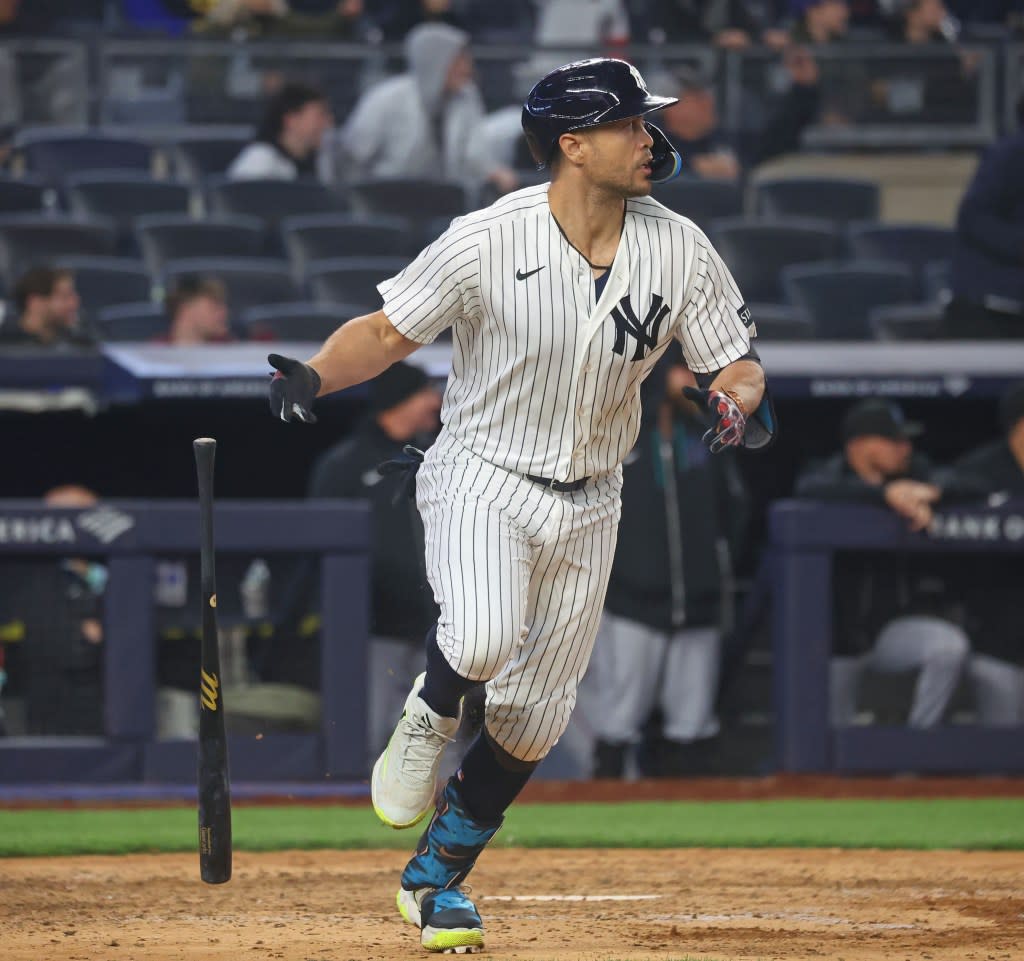Giancarlo Stanton (27) hits a single during the 7th inning when the New York Yankees played the Miami Marlins Sunday, April 5, 2026 at Yankee Stadium in the Bronx, NY. Robert Sabo for NY Post
