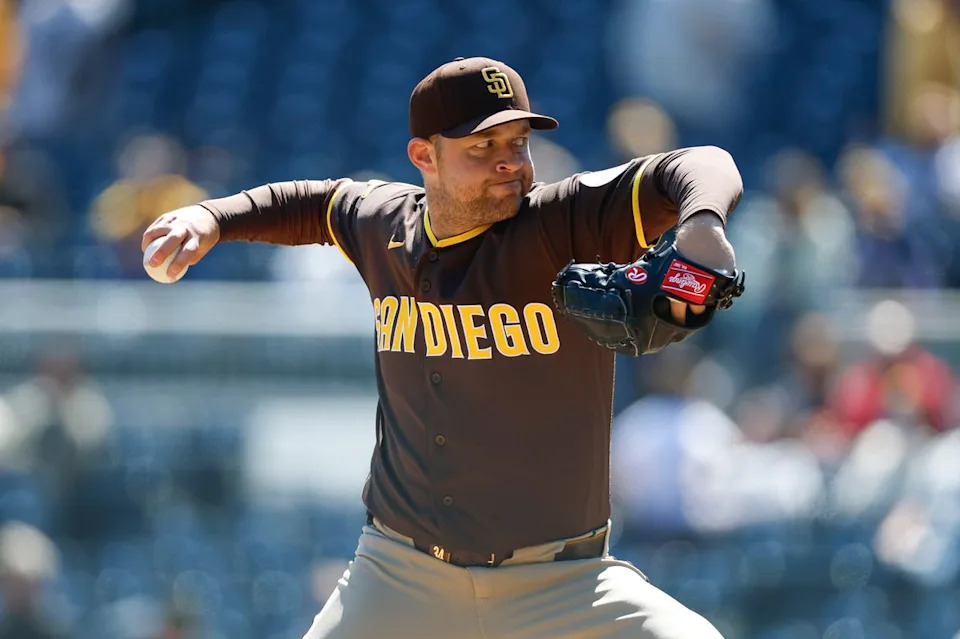Michael King #34 throws a pitch against the Pirates at PNC Park on April 8, 2025 in Pittsburgh.