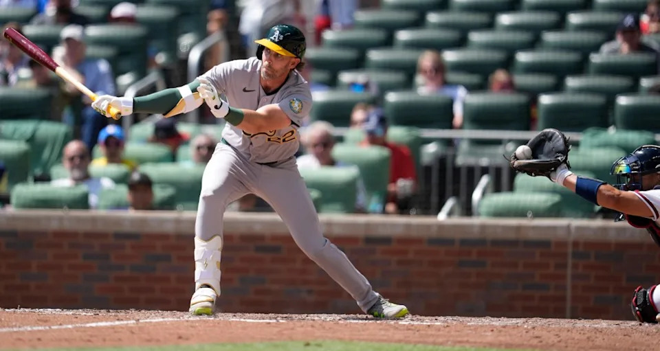 Jeff McNeil (22) hits the ball into the glove of catcher Drake Baldwin who held on for a catch for a strikeout in the ninth inning of Athletics’ 5-1 loss to the Braves on April 1, 2026. AP
