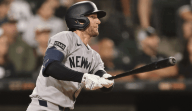 Ryan McMahon #19 of the New York Yankees doubles during the eighth inning against the Chicago White Sox at Rate Field on August 28, 2025 in Chicago, Illinois. (Photo by Michael Reaves/Getty Images)