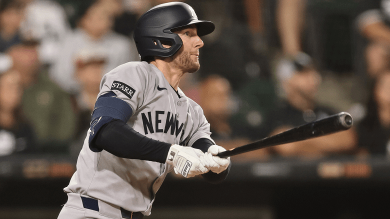 Ryan McMahon #19 of the New York Yankees doubles during the eighth inning against the Chicago White Sox at Rate Field on August 28, 2025 in Chicago, Illinois. (Photo by Michael Reaves/Getty Images)