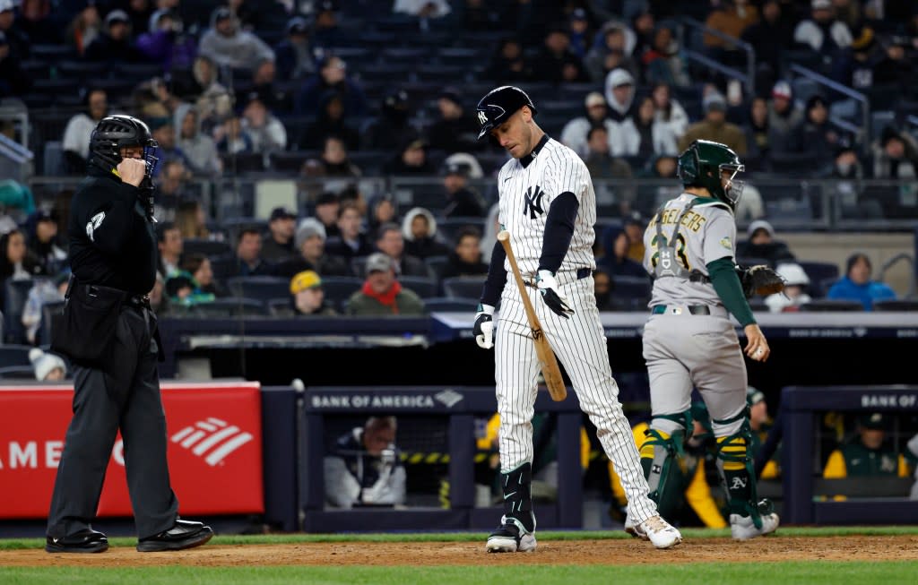 Cody Bellinger reacts after he strikes out swinging to end the seventh inning of the Yankees’ 3-2 loss to the A’s on April 8, 2026 at the Stadium.<br> Jason Szenes / New York Post