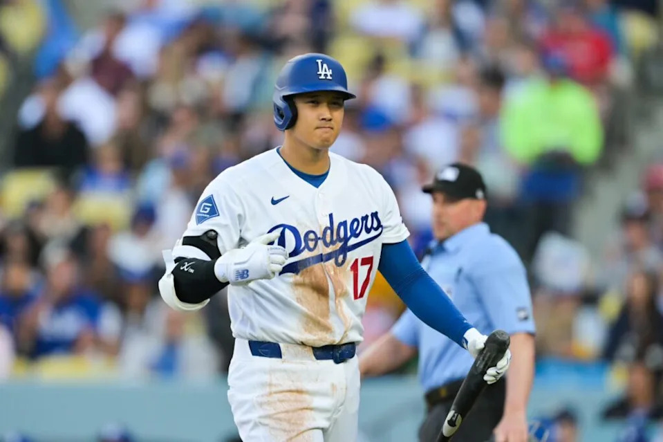 Apr 1, 2026; Los Angeles, California, USA; Los Angeles Dodgers two-way player Shohei Ohtani (17) reacts after striking out during the third inning against the Cleveland Guardians at Dodger Stadium. Mandatory Credit: Jayne Kamin-Oncea-Imagn Images