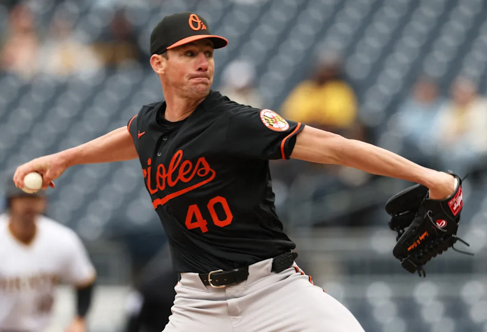 Baltimore Orioles starting pitcher Chris Bassitt delivers a pitch against the Pittsburgh Pirates during the first inning, April 5, 2026, in Pittsburgh.