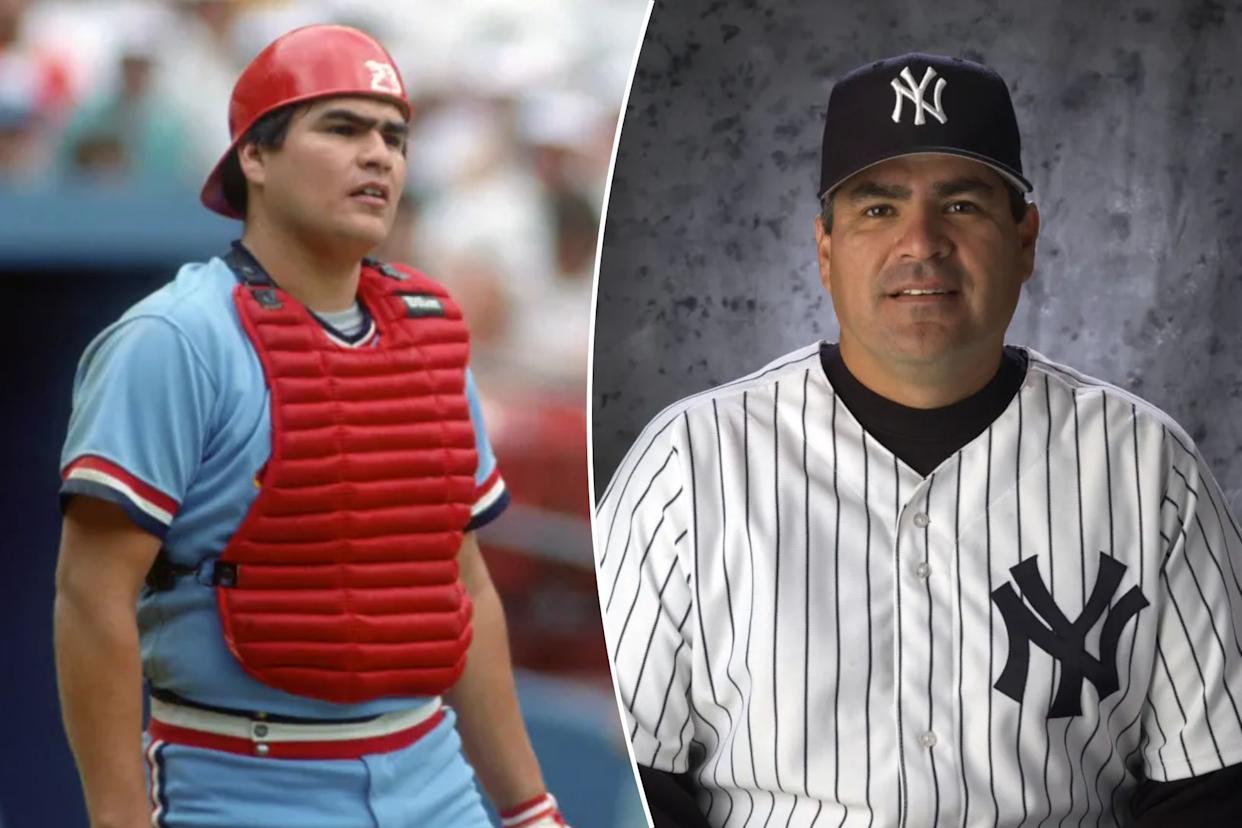 An image collage containing 2 images, Image 1 shows Catcher Tom Nieto #23 of the St. Louis Cardinals looks on from the field during a Major League Baseball game against the Pittsburgh Pirates at Three Rivers Stadium in 1984 in Pittsburgh, Pennsylvania, Image 2 shows Yankees'' coach Tom Nieto #50 during the New York Yankees Media Day in 2002